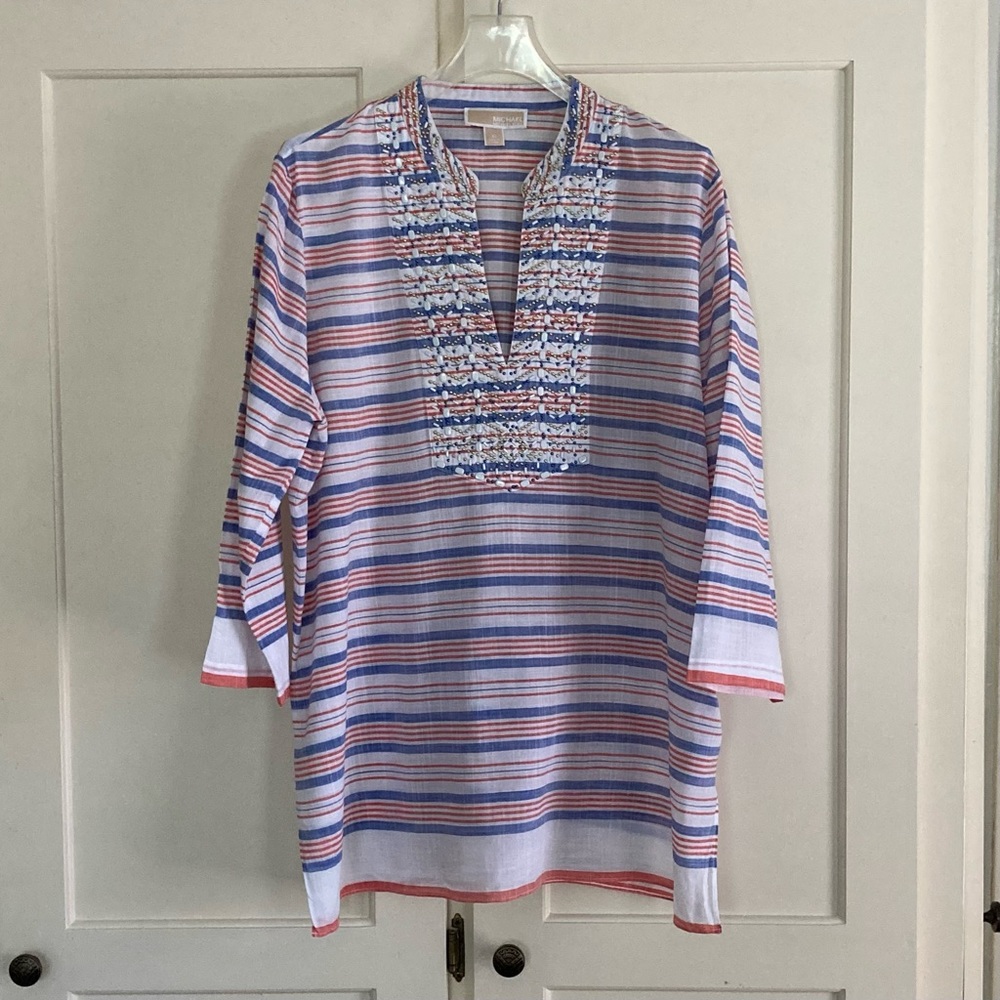 MICHAEL Michael Kors Beaded Tunic, White w/ Red & Blue Strip…